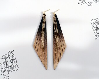 Long ombré black and gold leather triangle earrings | Long fringe earrings | Bohemian geometric earrings | Gift for her | Hypoallergenic