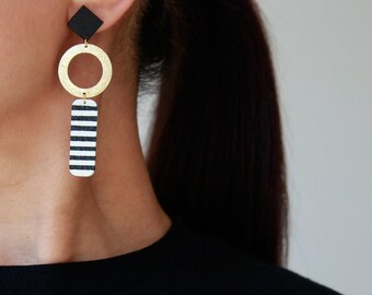 Long dangle leather hoop earrings | Stripe Black White Gold Statement earrings | Geometric dangle stud earrings | Hypoallergenic