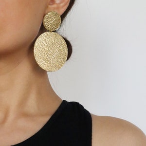 Large gold leather double circle earrings Gold statement earrings African earrings Minimal geometric earrings Hypoallergenic image 1