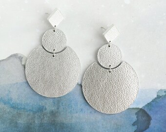 Large Silver Leather Geometric Earrings | Mod Retro Statement Dangles | Hypoallergenic Post