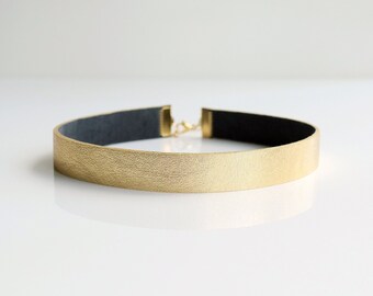 Gold genuine leather choker necklace | 15mm wide flat gold collar | Adjustable made to size | Stainless steel clasp