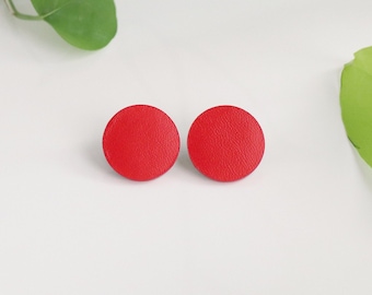 Red leather circle stud earrings | Blood red round studs | Genuine leather | Hypoallergenic