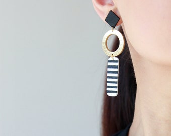 Long dangle leather hoop earrings | Stripe Black White Gold Statement earrings | Geometric dangle stud earrings | Hypoallergenic