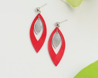 Red leather leaf earrings | Genuine leather petal earrings | Minimalist statement earrings | Hypoallergenic stainless steel ball studs