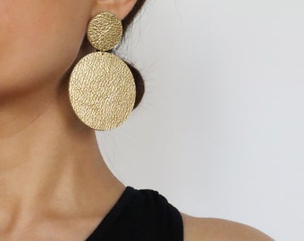 Large gold leather double circle earrings | Gold statement earrings | African earrings | Minimal geometric earrings | Hypoallergenic