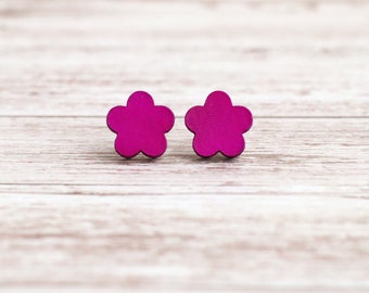 Neon purple leather flower stud earrings | Minimalist floral earrings | Botanical earrings | Hypoallergenic