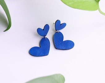 Blue heart dangle leather earrings | Cute earrings | Cobalt Blue earrings | Sustainable jewelry | Gift for her | Hypoallergenic