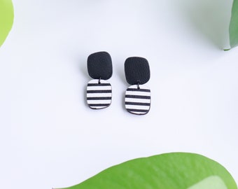 Black and white abstract leather earrings | Stripe earrings | Mid-Century style | Fun earrings | Urban-chic fashion | Hypoallergenic