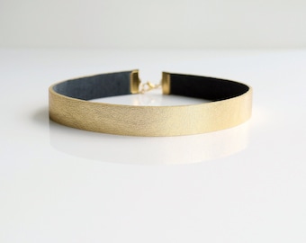 Gold genuine leather choker necklace | 15mm wide flat gold collar | Adjustable made to size | Stainless steel clasp