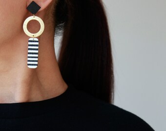 Long dangle leather hoop earrings | Stripe Black White Gold Statement earrings | Geometric dangle stud earrings | Hypoallergenic