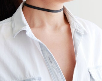 Black thin genuine leather choker necklace | Basic everyday choker | Made to size | Stainless steel clasp