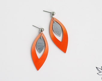 Orange leather leaf earrings | Genuine leather petal earrings | Botanical earrings | Minimal statement earrings | Hypoallergenic