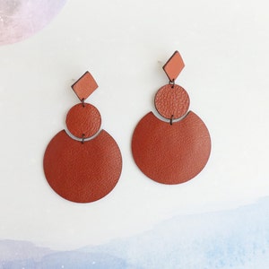 Large brown geometric leather earrings Oversized earrings Brown statement earrings Repurposed genuine leather Hypoallergenic 3 Inches
