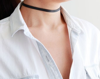 Black thin genuine leather choker necklace | Basic everyday choker | Made to size | Stainless steel clasp