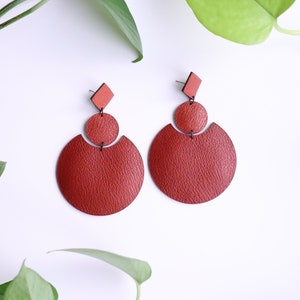 Large brown geometric leather earrings Oversized earrings Brown statement earrings Repurposed genuine leather Hypoallergenic 3.5 Inches