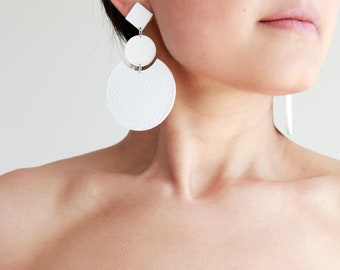 Large white geometric leather earrings | White statement earrings | Modern Wedding jewelry | Hypoallergenic