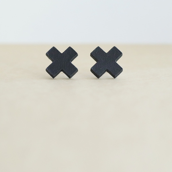 Black leather x stud earrings | Cross studs | Unisex | Repurposed Veg-tan leather | Hypoallergenic