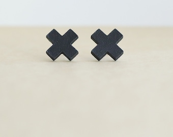 Pendientes de cruz de cuero negro / Joyería unisex / Poste de acero inoxidable hipoalergénico