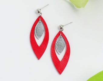 Red Silver leather leaf dangle earrings | Boho statement earrings | Hypoallergenic