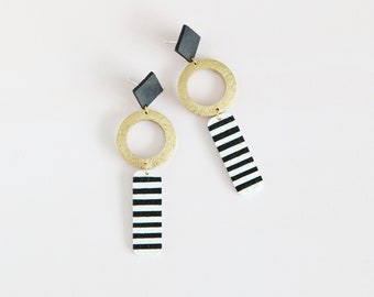 Long dangle leather hoop earrings | Stripe Black White Gold Statement earrings | Geometric dangle stud earrings | Hypoallergenic