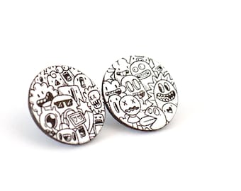 Pendientes de cuero Happy Monsters / Pendientes circulares con estampado original / Hipoalergénicos