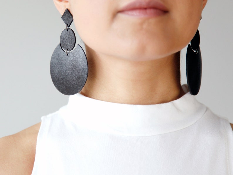 Large black geometric leather earrings Oversized earrings Black statement earrings Hypoallergenic image 3