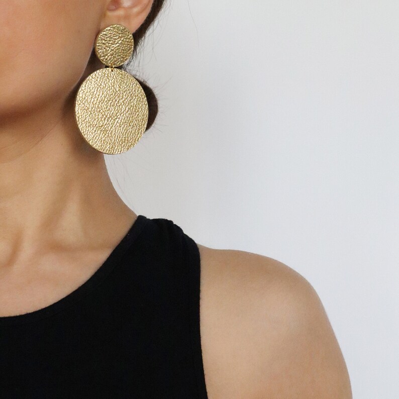 Large gold leather double circle earrings Gold statement earrings African earrings Minimal geometric earrings Hypoallergenic image 1