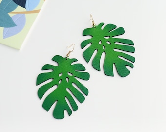 Large Leather Monstera Leaf Earrings | Tropical Plant Jewelry | Hypoallergenic