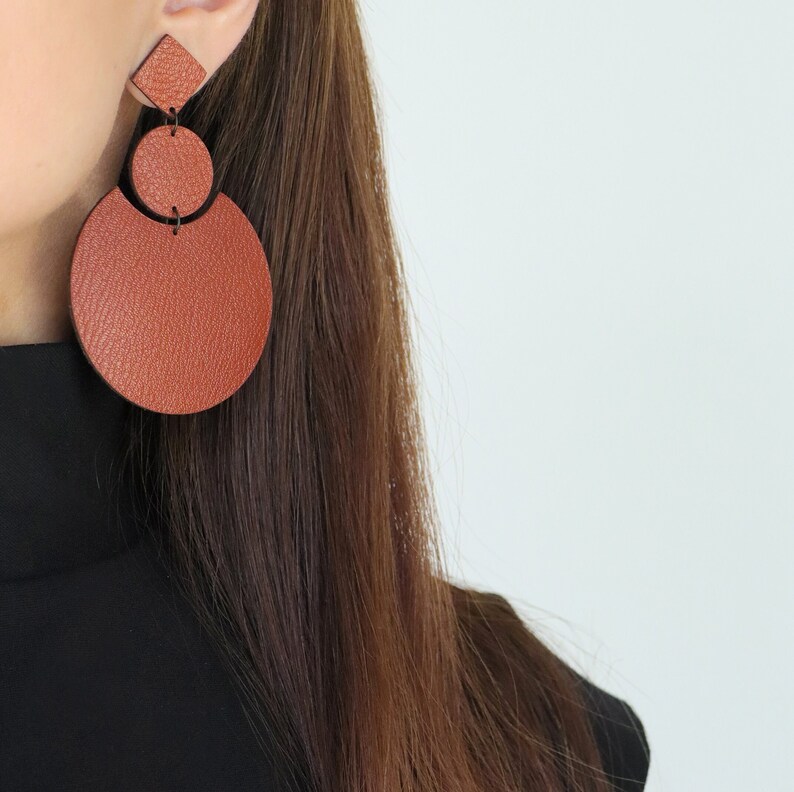 Large brown geometric leather earrings Oversized earrings Brown statement earrings Repurposed genuine leather Hypoallergenic image 2