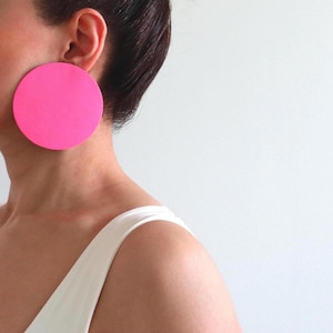 Extra Large Hot Pink Leather Earrings: 3-inch Circle Studs, Hypoallergenic