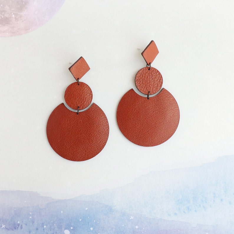 Large brown geometric leather earrings Oversized earrings Brown statement earrings Repurposed genuine leather Hypoallergenic 3 Inches