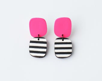 Neon Pink Stripe Leather Earrings | Mid-Century style | Hypoallergenic Surgical Steel Post