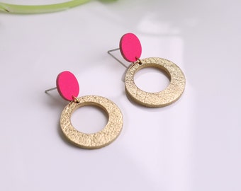 Hot Pink Gold leather hoop stud earrings | Mod earrings | Gift for her | Hypoallergenic