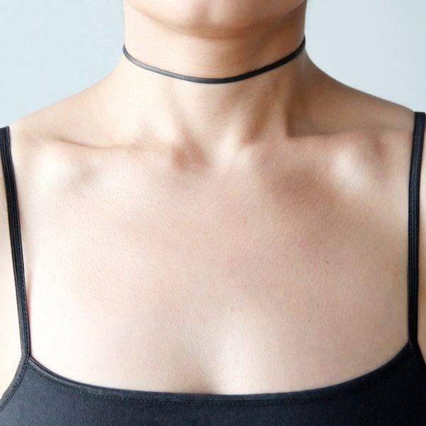 Skinny black genuine leather choker necklace | Minimalist goth basic choker | Made to size | Hypoallergenic | Stainless steel clasp