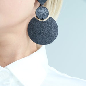 Large black geometric leather earrings Oversized earrings Black statement earrings Hypoallergenic 3 Inches