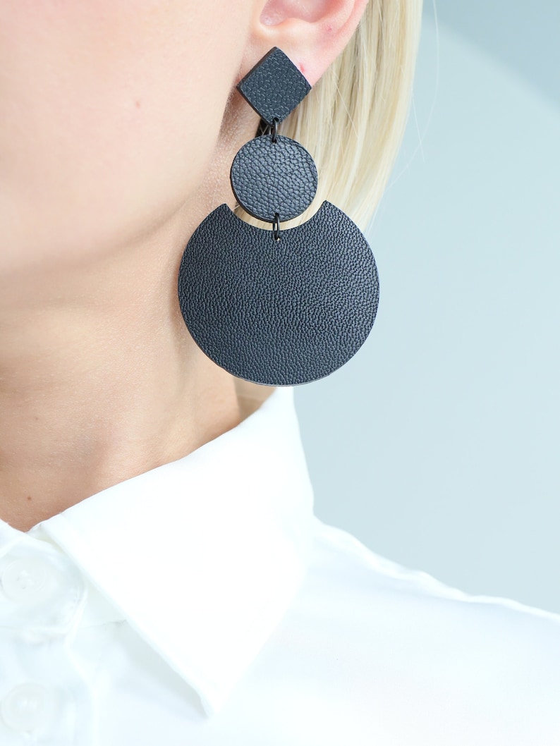 Large black geometric leather earrings Oversized earrings Black statement earrings Hypoallergenic 3 Inches