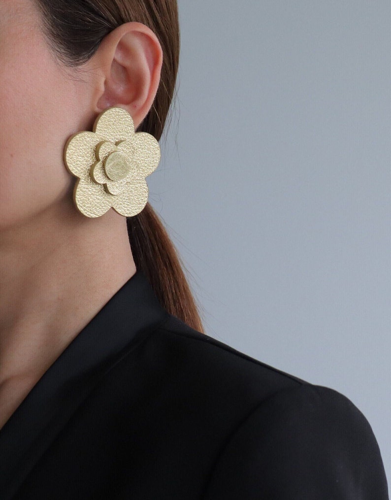 Large gold flower leather stud earrings Statement earrings Sustainable jewelry Gift for her Hypoallergenic image 2