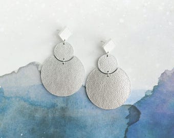 Geometric Silver Leather Earrings | Large Mod Retro Statement Dangles | Hypoallergenic Surgical Steel Post
