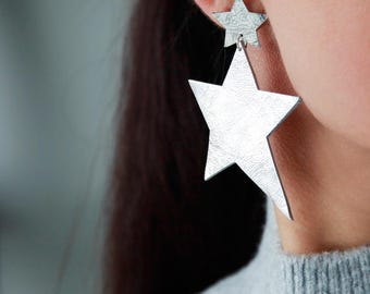 Silver Leather Star Earrings | Large Celestial Drop Earrings | Hypoallergenic stainless steel post