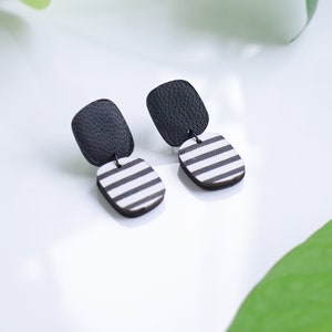 Abstract stripe black and white leather earrings Dangle square earrings Funky earrings Hypoallergenic image 3