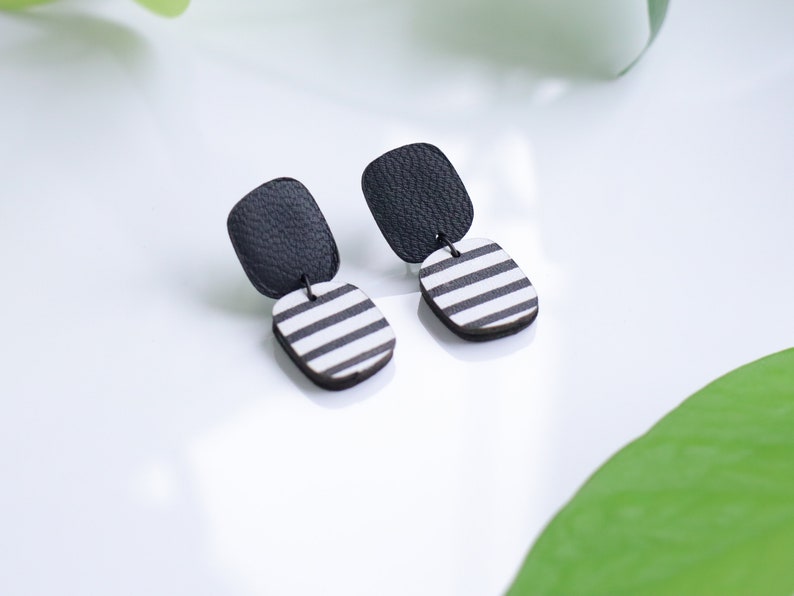 Abstract stripe black and white leather earrings Dangle square earrings Funky earrings Hypoallergenic image 3