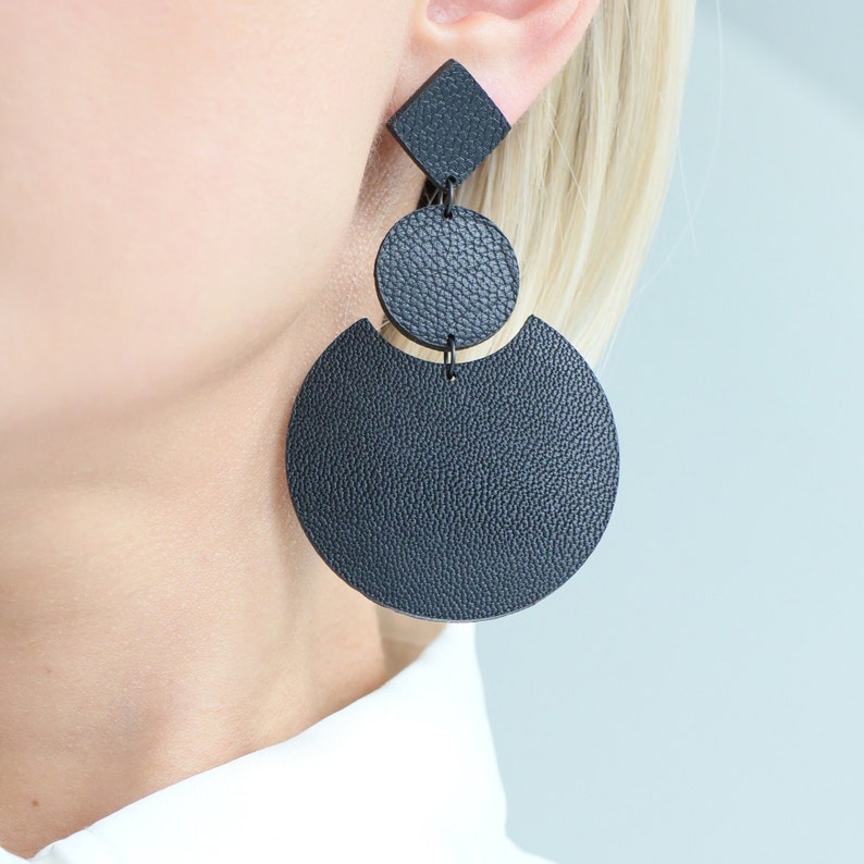 Large black geometric leather earrings Oversized earrings Black statement earrings Hypoallergenic 3 Inches