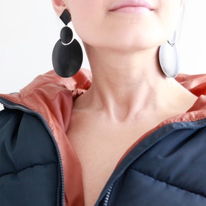 Large black geometric leather earrings Oversized earrings Black statement earrings Hypoallergenic image 6