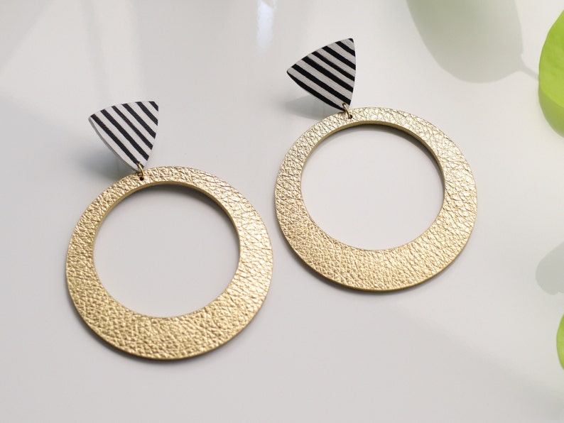 Extra Large geometric dangle hoop stud earrings Statement earrings African earrings Leather earrings Hypoallergenic image 4