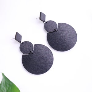Large black geometric leather earrings Oversized earrings Black statement earrings Hypoallergenic image 5