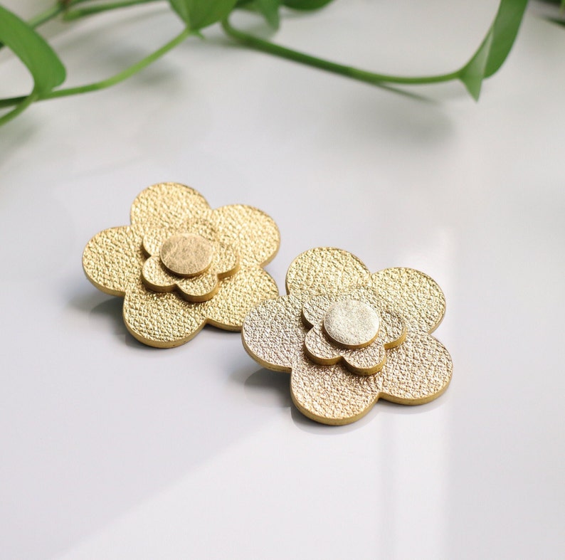 Large gold flower leather stud earrings Statement earrings Sustainable jewelry Gift for her Hypoallergenic image 1