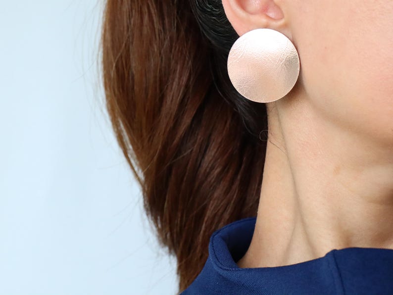 Large Rose Gold Circle Stud Earrings Modern Leather Earrings Statement Jewelry Handmade in Canada by Surond Studio