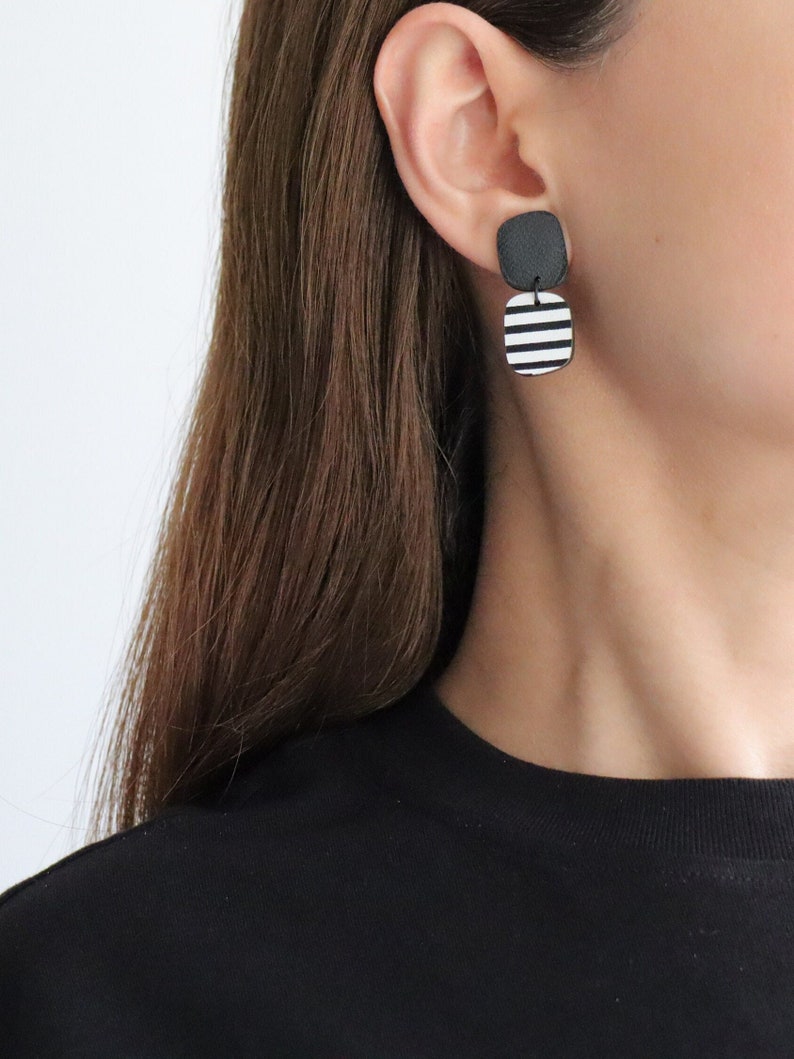 Abstract stripe black and white leather earrings Dangle square earrings Funky earrings Hypoallergenic image 4