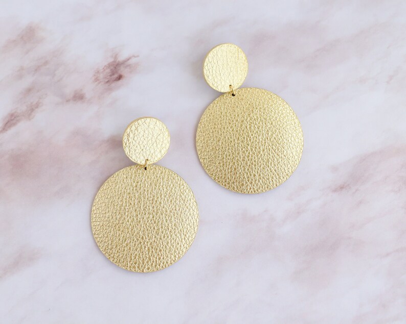 Large gold leather double circle earrings Gold statement earrings African earrings Minimal geometric earrings Hypoallergenic image 2