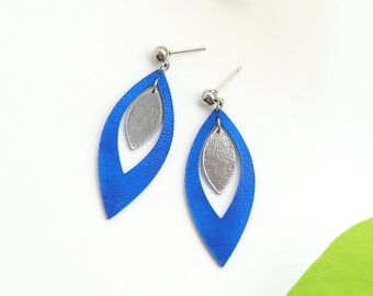 Blue & Silver Leather Leaf Earrings | Boho Dangle Hoop Drops | Hypoallergenic